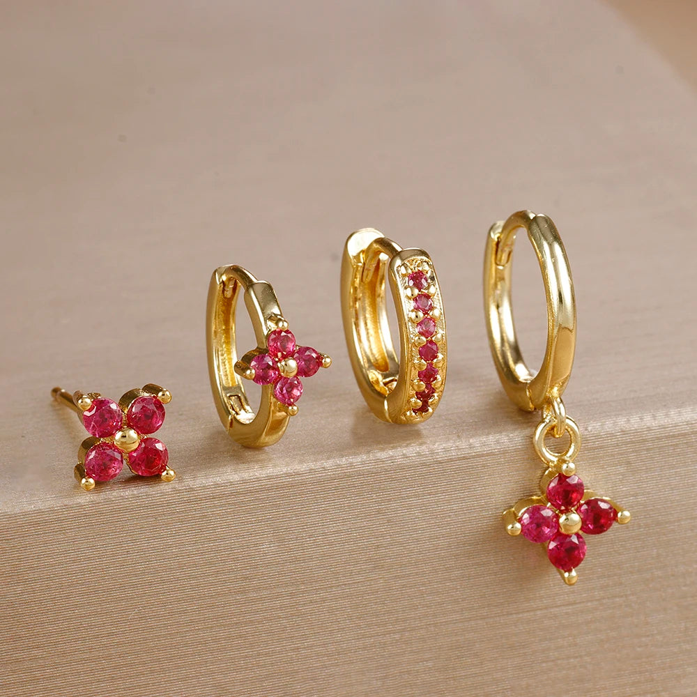 4pcs Fashion Cubic Zirconia Flower Hoop Earrings Set