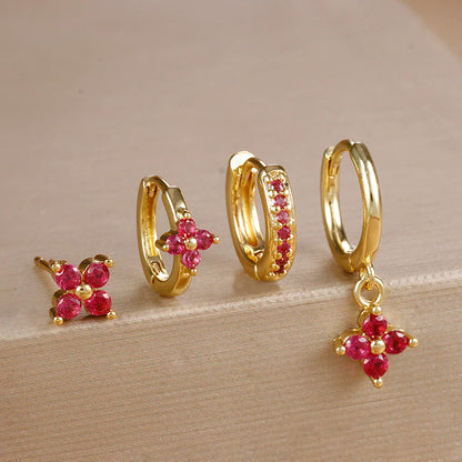 4pcs Fashion Cubic Zirconia Flower Hoop Earrings Set