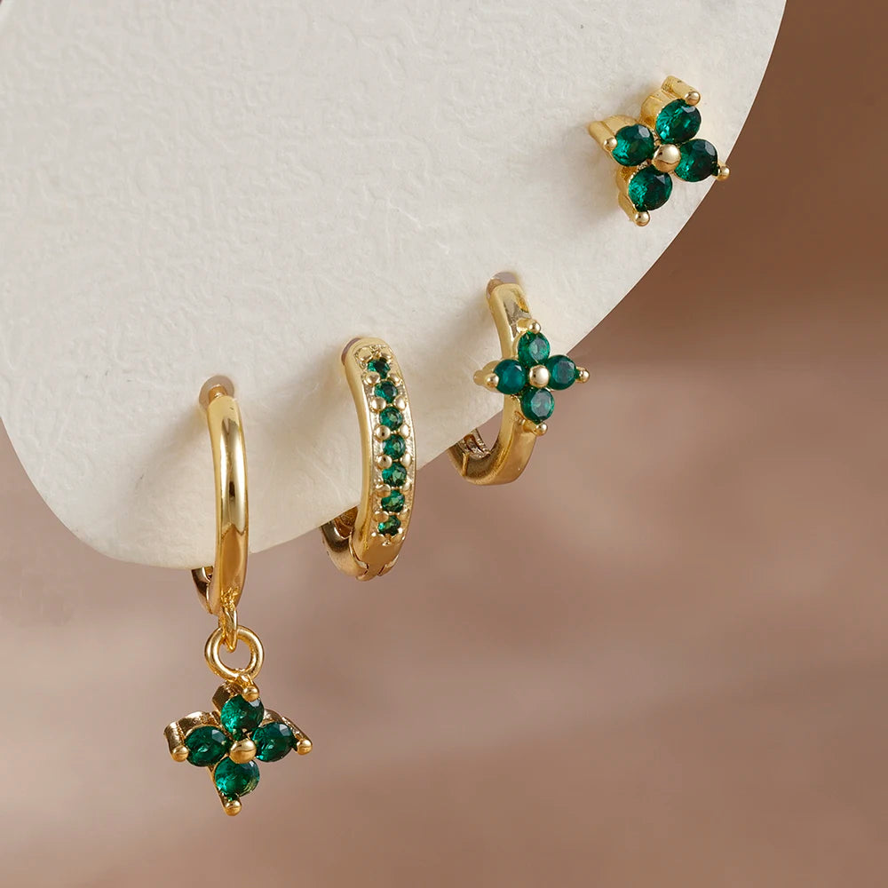 4pcs Fashion Cubic Zirconia Flower Hoop Earrings Set