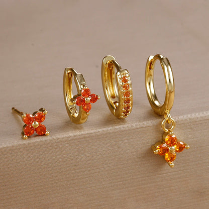 4pcs Fashion Cubic Zirconia Flower Hoop Earrings Set