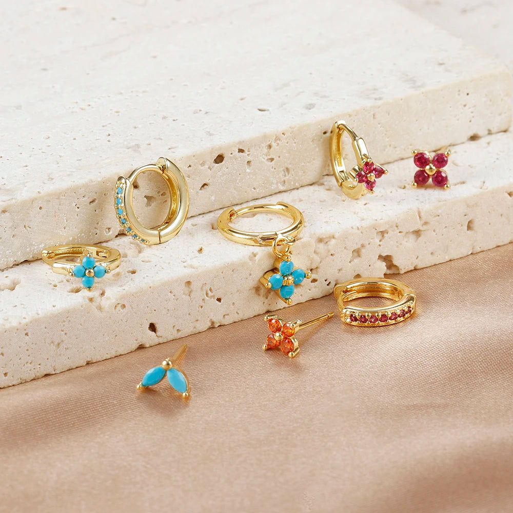4pcs Fashion Cubic Zirconia Flower Hoop Earrings Set