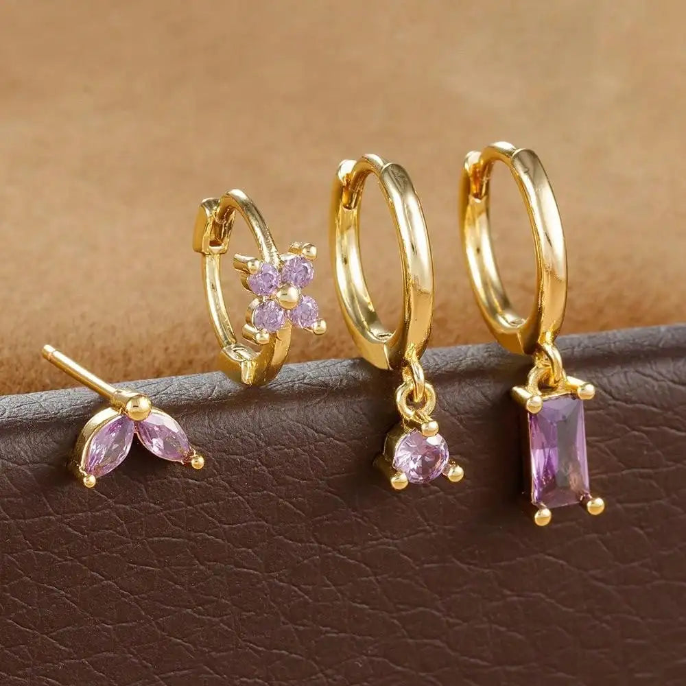 4pcs Fashion Cubic Zirconia Flower Hoop Earrings Set