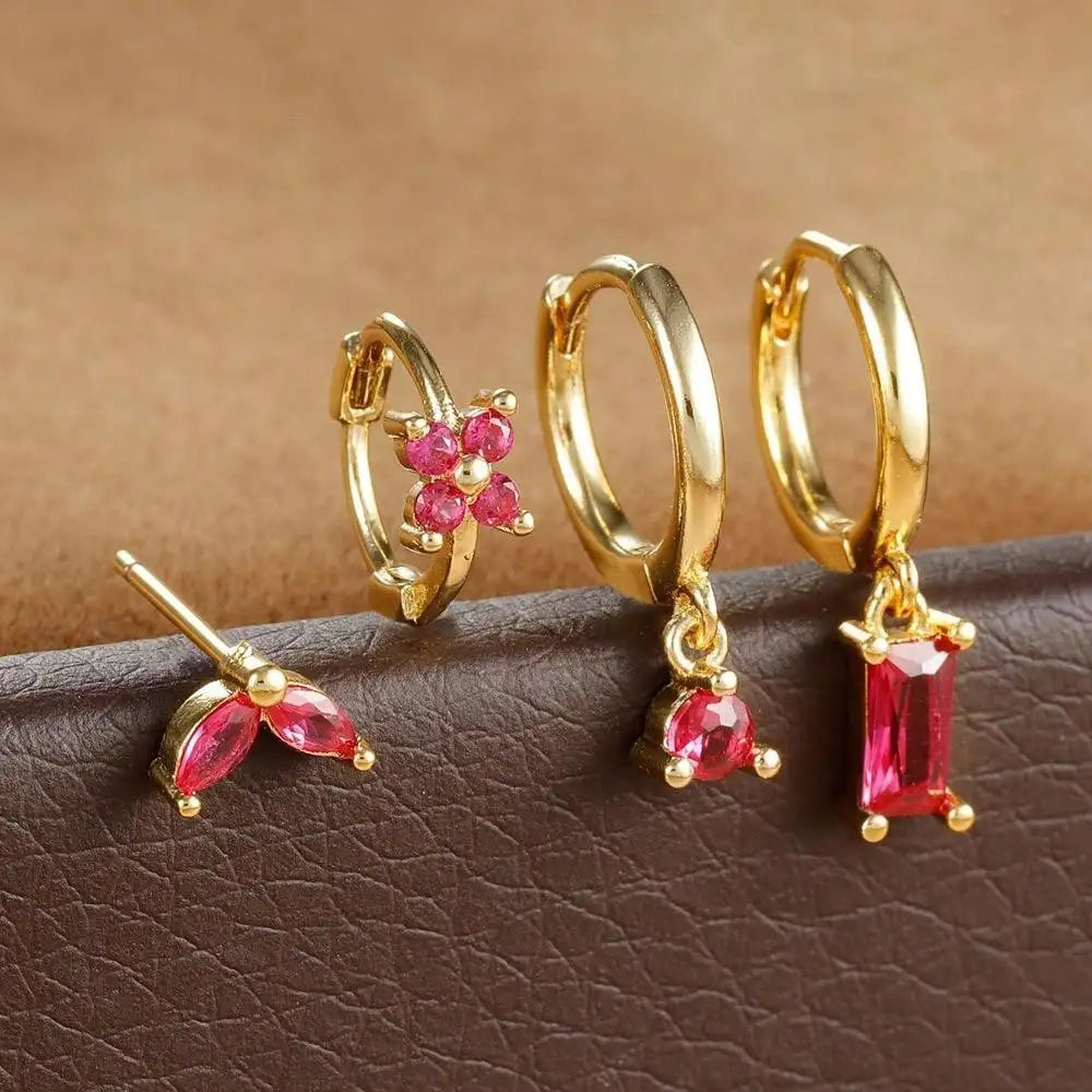 4pcs Fashion Cubic Zirconia Flower Hoop Earrings Set