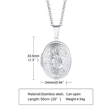 Delicate Floral Oval Heart Locket Pendant Necklaces for Women,Stainless Steel Photo Frame Promise Love Keepsake Gift