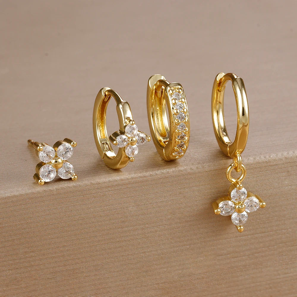 4pcs Fashion Cubic Zirconia Flower Hoop Earrings Set