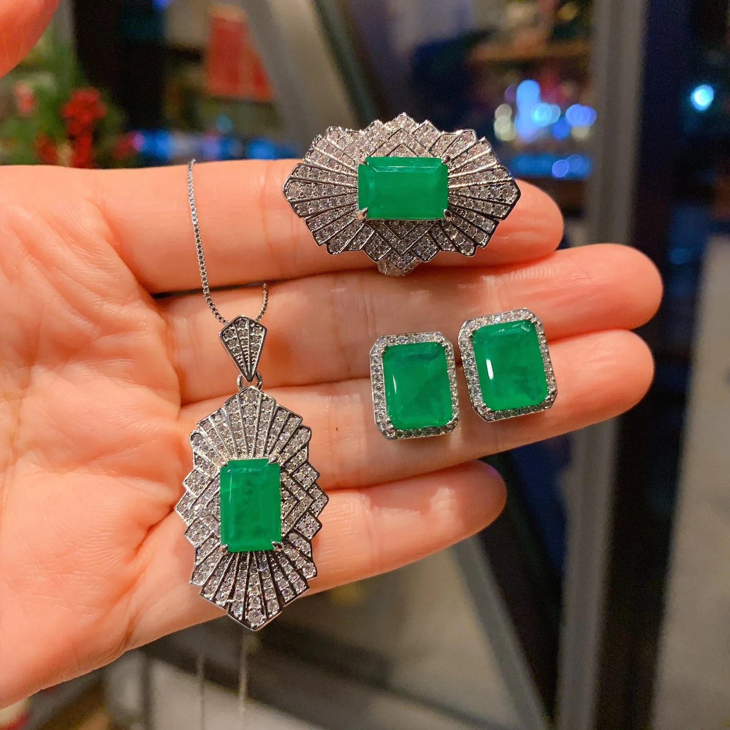 Fashion 925 Sterling Silver 8*12mm Emerald Green Gemstone High Carbon Diamond Pendant Necklace Ring Set Women Jewelry Gift