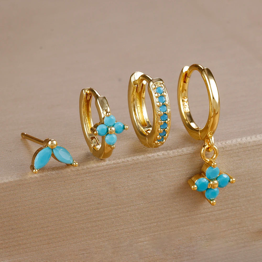 4pcs Fashion Cubic Zirconia Flower Hoop Earrings Set