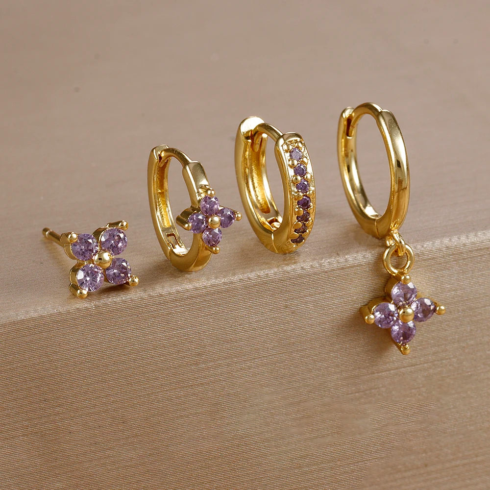 4pcs Fashion Cubic Zirconia Flower Hoop Earrings Set