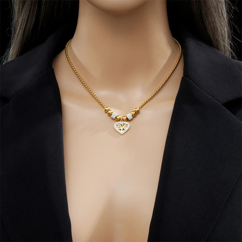 316L Stainless Steel Heart-Shaped Tree Pendant Necklace For Women New Fashion Beads Choker Chains Jewelry Gift Party